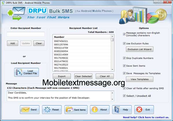 Screenshot of Android Mobile Text Messages