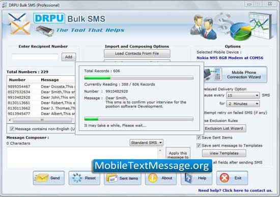 Screenshot of Mobile Text Message Software