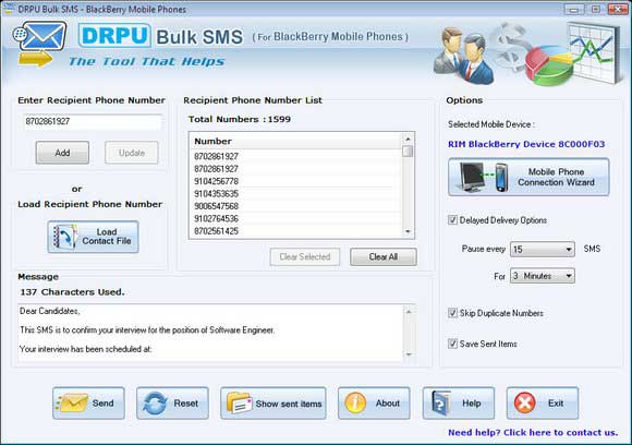 BlackBerry Online SMS screen shot