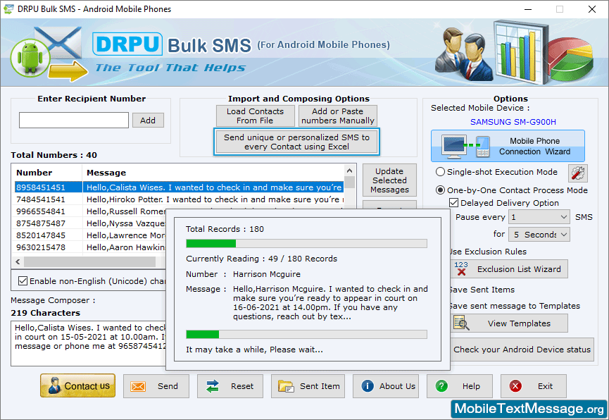 Total Records Bulk SMS Software for Android Mobile Phones