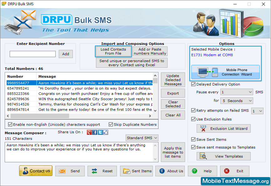 Import and composing options Bulk SMS Software for GSM Mobile Phones