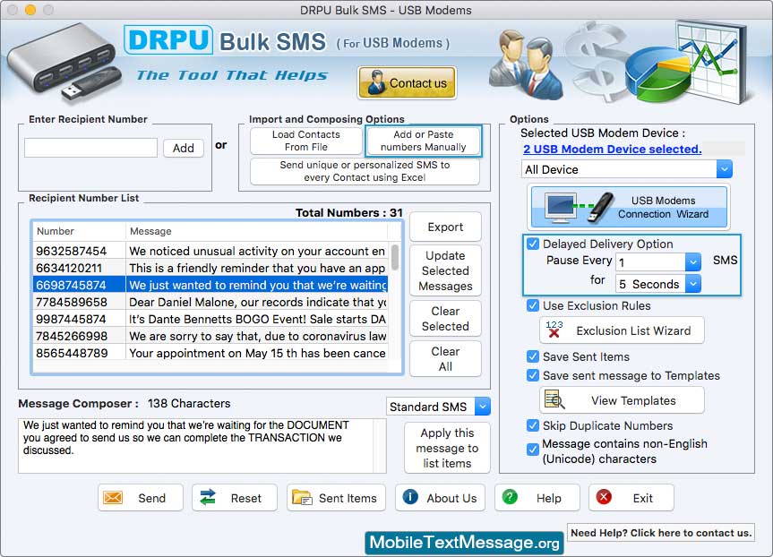 Delayed Delivery Option Mac Bulk SMS Software for USB Modems